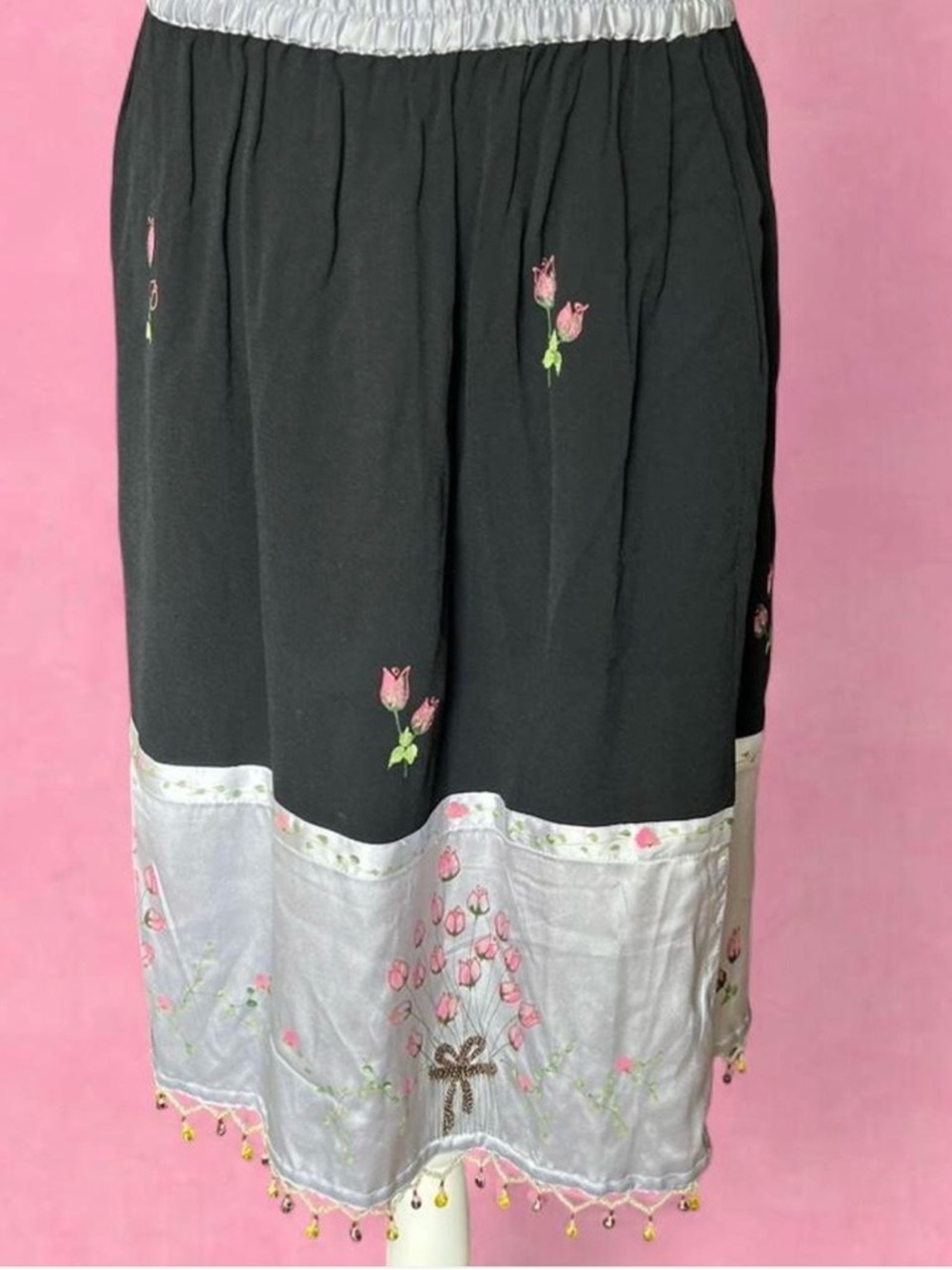 Black Midi Skirt with hand painted Pink Floral Border and beaded trim